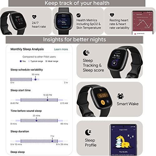 Fitbit Versa 4 Health and Fitness Smart Watch (Black/Graphite) with Built-in GPS, 6 Day Battery Life, S & L Bands, Bundle with 3.3foot Charge Cable, Wall Adapter, Screen Protectors & PremGear Cloth