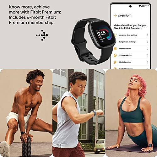 Fitbit Versa 4 Health and Fitness Smart Watch (Black/Graphite) with Built-in GPS, 6 Day Battery Life, S & L Bands, Bundle with 3.3foot Charge Cable, Wall Adapter, Screen Protectors & PremGear Cloth