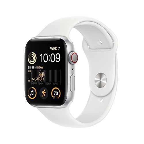 Apple Watch SE (2nd Gen) [GPS + Cellular 44mm] Smart Watch w/Silver Aluminum Case & White Sport Band - S/M. Fitness & Sleep Tracker, Crash Detection, Heart Rate Monitor, Water Resistant