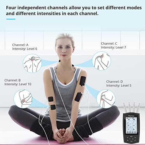 Maytoyo 4 Channels TENS Unit EMS Device 24 Modes 30 Level Intensity Muscle Stimulator for Pain Relief Rechargeable TENS Machine Pulse Massager with 12 Pads Belt Clip Storage Bag