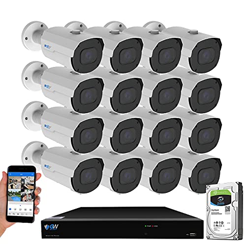 GW Security 16 Channel NVR 4K 8MP PoE 2.8-12mm Varifocal Zoom Security Camera System with 16 x 4K 8MP IP Microphone Waterproof Smart AI Bullet Camera, Face Recognition/Human/Vehicle Detection