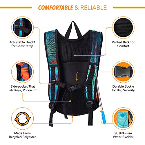 Vibe Hydration Pack Backpack with 2L Bladder for Women, Men, Teens, Kids - Sports, Outdoor, Running, Camping, Hiking, Festivals, Raves (Tropical Hawaii)