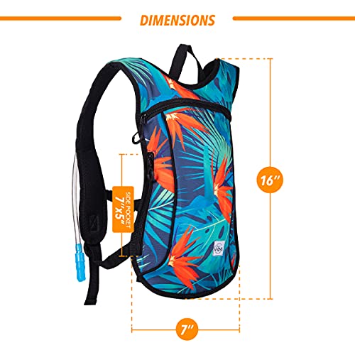 Vibe Hydration Pack Backpack with 2L Bladder for Women, Men, Teens, Kids - Sports, Outdoor, Running, Camping, Hiking, Festivals, Raves (Tropical Hawaii)