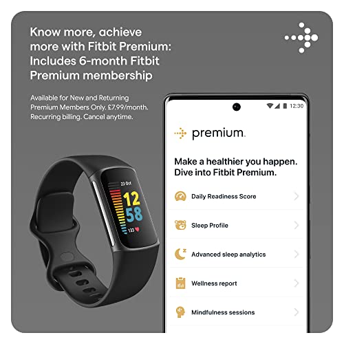 Fitbit Charge 5 Advanced Health & Fitness Tracker with Built-in GPS, Stress Management Tools, Sleep Tracking, 24/7 Heart Rate and More, Black/Graphite, One Size (S &L Bands Included)