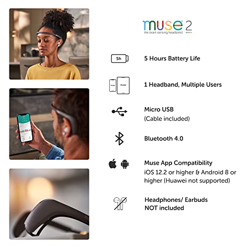 MUSE 2: The Brain Sensing Headband - Meditation Tracker Multi Sensor Headset Device - Responsive Sound Feedback for Brain Wave, Heart, Body & Breath Activity,Black/Grey