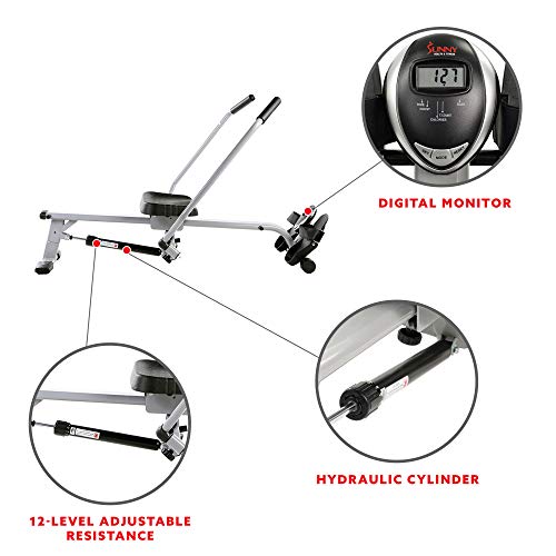 Sunny Health & Fitness SF-RW5639 Full Motion Rowing Machine Rower w/ 350 lb Weight Capacity and LCD Monitor, Silver