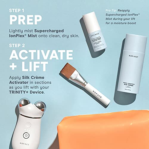 NuFACE TRINITY+ Supercharged Skincare Routine – Microcurrent Facial Toning Device with Silk Crème Activator, Mini IonPlex Facial Mist and Applicator Brush