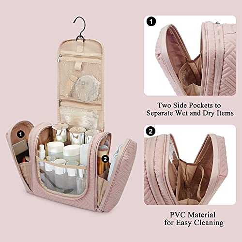 BAGSMART Toiletry Bag, Travel Toiletry Organizer with hanging hook, Water-resistant Cosmetic Makeup Bag Travel Organizer for Shampoo, Full Sized Container, Toiletries, Pink