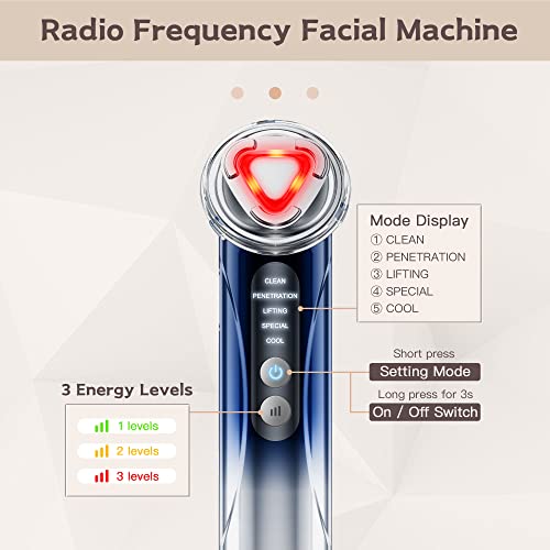 Radio Frequency Facial Machine - 5 in 1 Home Anti-Aging Skin Tightening Rejuvenation Skin Care Device, Light Therapy for Wrinkles Lifting High Frequency Face Massager with EMS