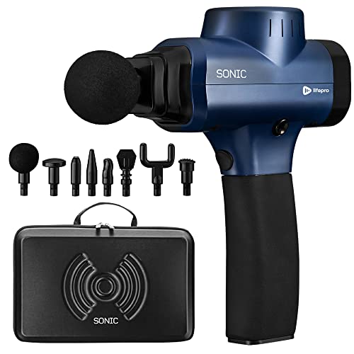 Sonic Handheld Percussion Massage Gun - Deep Tissue Massager for Sore Muscle and Stiffness - Quiet, 5 Speed High-Intensity Vibration - Quick Rechargeable Device - Includes 8 Massage Heads (Blue)