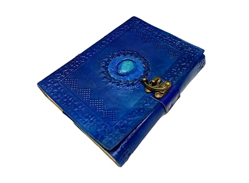 Leather Journal with Unlined Pages - Turquoise Blue Stone Leather Bound Writing Journal for Women & Men medieval Gemstone Studded Handmade Notebook Office Poetry Sketch Book Handcraft Paper Stone Diary Book of Shadows Leather Grimoire Blank Book Journal wiccan Witches Journal (BLUE)