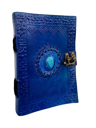 Leather Journal with Unlined Pages - Turquoise Blue Stone Leather Bound Writing Journal for Women & Men medieval Gemstone Studded Handmade Notebook Office Poetry Sketch Book Handcraft Paper Stone Diary Book of Shadows Leather Grimoire Blank Book Journal wiccan Witches Journal (BLUE)