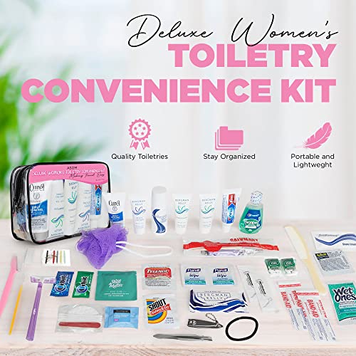 Asom Travel Toiletries Women Convenience Kit, Personal Care Toiletry Accessory Wellness Hygiene Essentials Set, TSA Approved Clear Traveling Bag Toiletry Accessories Kits, 36 Pc.