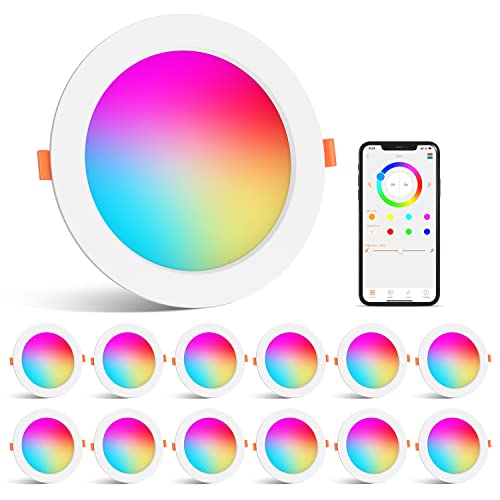 SikSog Smart Recessed Lighting 4 Inch Color Changing 12W LED Downlight, 1000 Lumen Recessed Ceiling Light, RGB & Cool White 5000K Dimmable by Bluetooth Control - 12 Pack