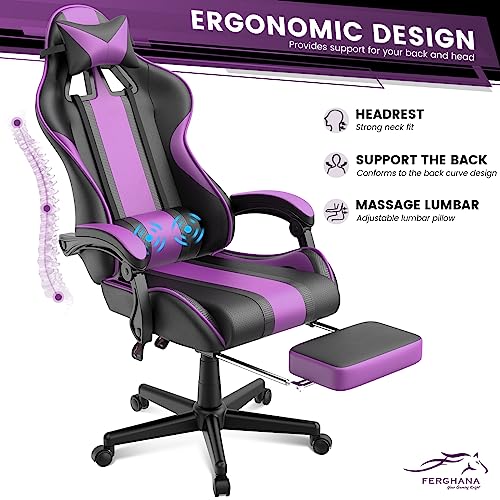 Ferghana Purple Gaming Chairs with Footrest for Adult, Teens, Ergonomic Gamer Chair,Office Computer Gaming Chairs,E-Sports Racing Game Chair with Lumbar Pillow and Headrest