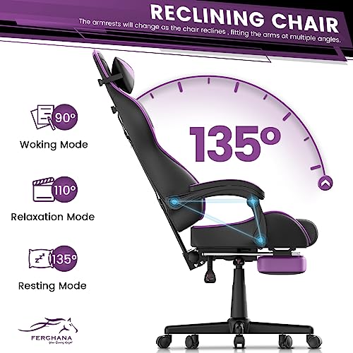 Ferghana Purple Gaming Chairs with Footrest for Adult, Teens, Ergonomic Gamer Chair,Office Computer Gaming Chairs,E-Sports Racing Game Chair with Lumbar Pillow and Headrest