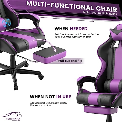 Ferghana Purple Gaming Chairs with Footrest for Adult, Teens, Ergonomic Gamer Chair,Office Computer Gaming Chairs,E-Sports Racing Game Chair with Lumbar Pillow and Headrest