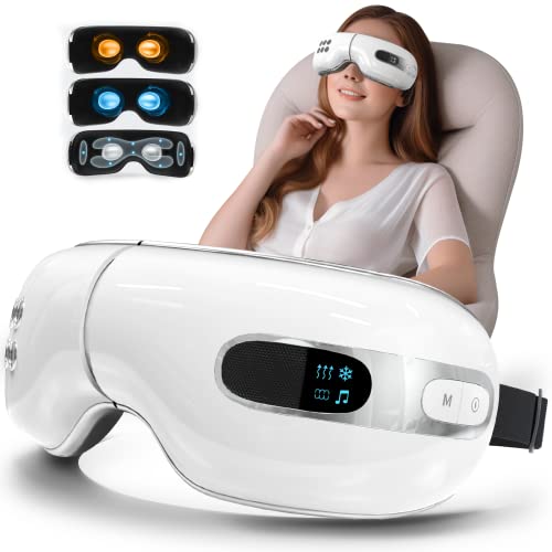 Huhubol Eye Massager with Heat and Cooling, Music Heated Eye Massager for Relax Eye Strain Dry Eye Eye Bags Dark Circles and Puffiness, Eye Mask Massager Improve Sleeping, Nice Gifts (White)