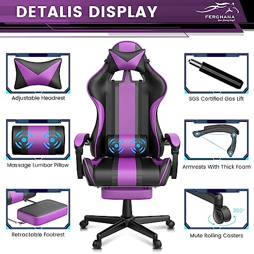 Ferghana Purple Gaming Chairs with Footrest for Adult, Teens, Ergonomic Gamer Chair,Office Computer Gaming Chairs,E-Sports Racing Game Chair with Lumbar Pillow and Headrest
