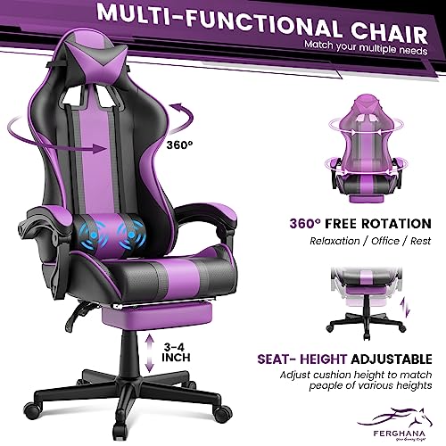 Ferghana Purple Gaming Chairs with Footrest for Adult, Teens, Ergonomic Gamer Chair,Office Computer Gaming Chairs,E-Sports Racing Game Chair with Lumbar Pillow and Headrest