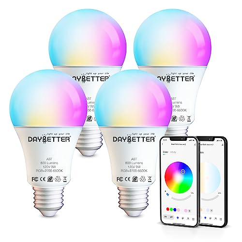 DAYBETTER Smart Light Bulbs, Bluetooth Light Bulbs with App Control, RGBCW LED Color Changing Bulbs, Dimmable Music Sync, A19 E26 9W 800LM, 2700K-6500K for Home Bedroom (4 Pack)