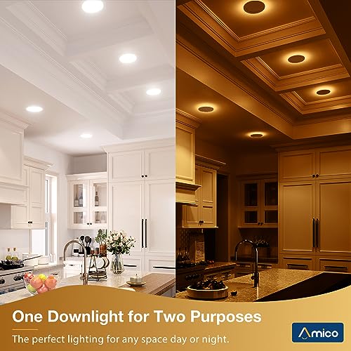 Amico 12 Pack 6 Inch 5CCT LED Recessed Ceiling Light with Night Light, 2700K/3000K/3500K/4000K/5000K Selectable Ultra-Thin Recessed Lighting, 12W=110W, 1100LM, Dimmable Canless Wafer Downlight ETL&FCC
