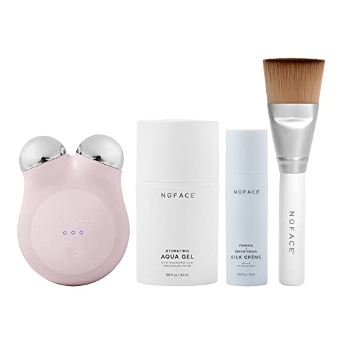 NuFACE MINI+ Starter Kit – Petite Microcurrent Facial Toning Device with Aqua Gel Activator 1.69 Oz, Silk Crème Activator 0.5 Oz + Clean Sweep Applicator Brush - Sandy Rose