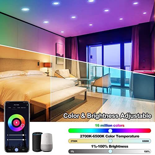 Smart Recessed Lighting,RGB LED Recessed Ceiling Lights Dimmable, APP Control Color Led Downlight Work with Alexa/Google, Sync to Music, ETL,DLC,UL Certified (6 Pack) (6inch 6pack)