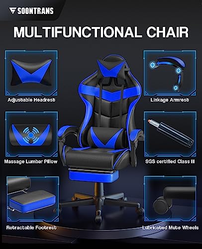 Ergonomic Blue Gaming Chair with Footrest
