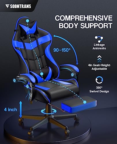 Ergonomic Blue Gaming Chair with Footrest