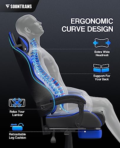 Ergonomic Blue Gaming Chair with Footrest