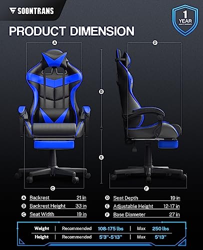 Ergonomic Blue Gaming Chair with Footrest