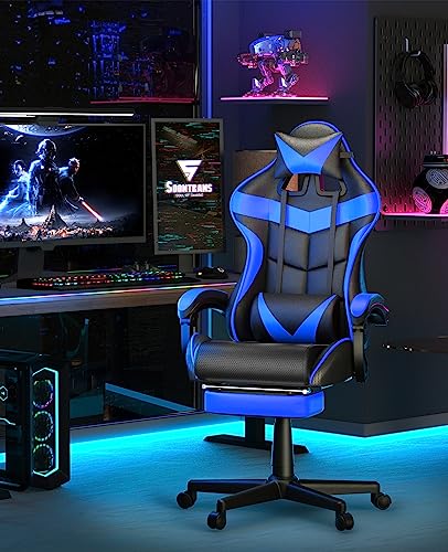 Ergonomic Blue Gaming Chair with Footrest