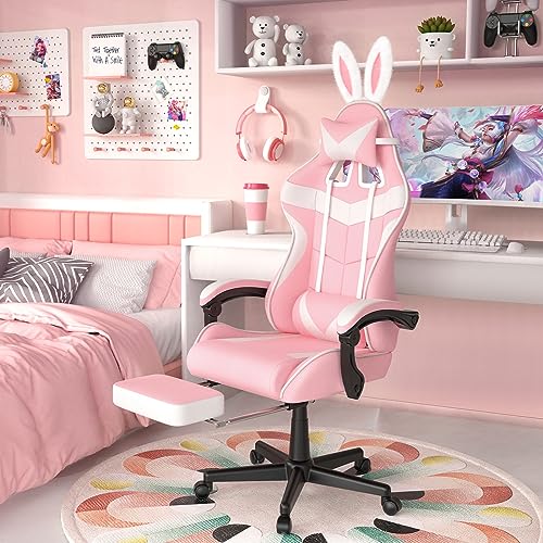 Pink Gaming Chair with Footrest and Headrest