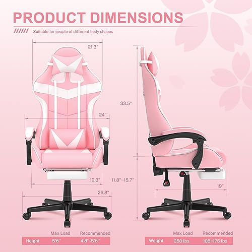 Pink Gaming Chair with Footrest and Headrest