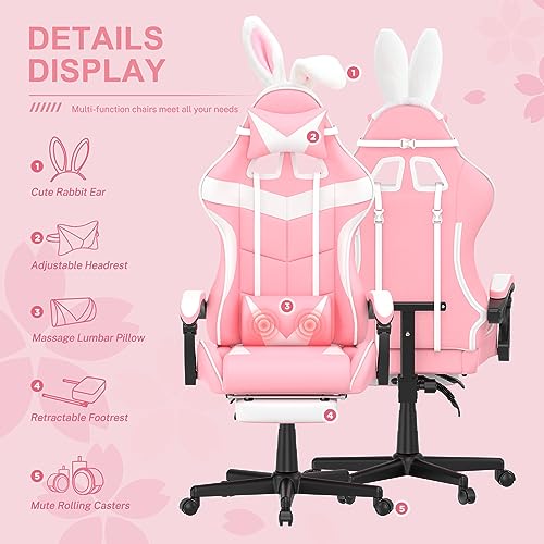 Pink Gaming Chair with Footrest and Headrest