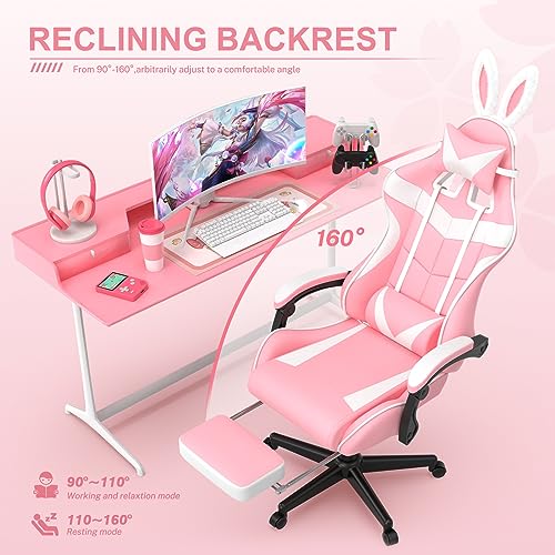 Pink Gaming Chair with Footrest and Headrest