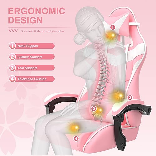 Pink Gaming Chair with Footrest and Headrest