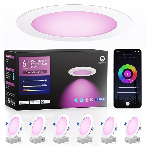 Rollin Light Smart Recessed Lighting 6 Inch - 6 Pack Ultra-Thin Canless LED Recessed RGBCW Color Tunable Lights with Junction Box 13W, 1100LM, 2700K-6500K, CRI80+ Work with Alexa/Google/Siri