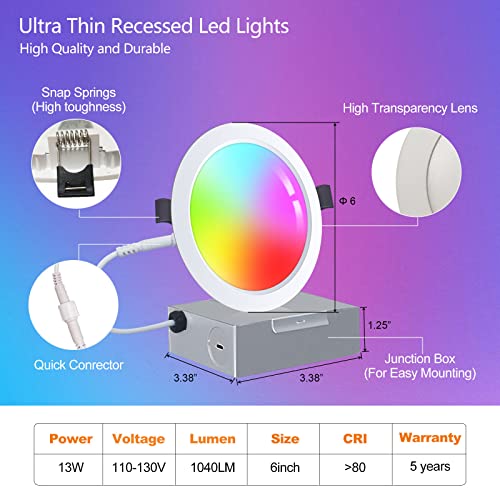 Smart Recessed Lighting,RGB LED Recessed Ceiling Lights Dimmable, APP Control Color Led Downlight Work with Alexa/Google, Sync to Music, ETL,DLC,UL Certified (6 Pack) (6inch 6pack)