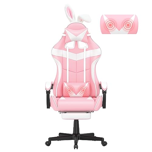 Pink Gaming Chair with Footrest and Headrest