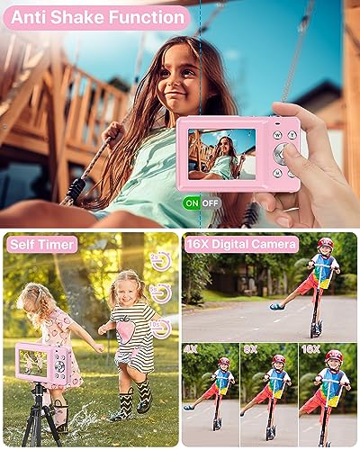 Pink Kids FHD 1080P Digital Camera, 32GB SD