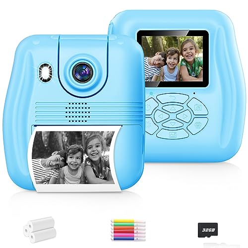WEOLULI Instant Print Camera for Kids, Digital Camera for Boys Toddler, Christmas Birthday Gifts for Age 3-8 Girls Boys,Toys for Kids with 3 Rolls Print Paper, 6 Color Pens, 32GB Card(Blue)