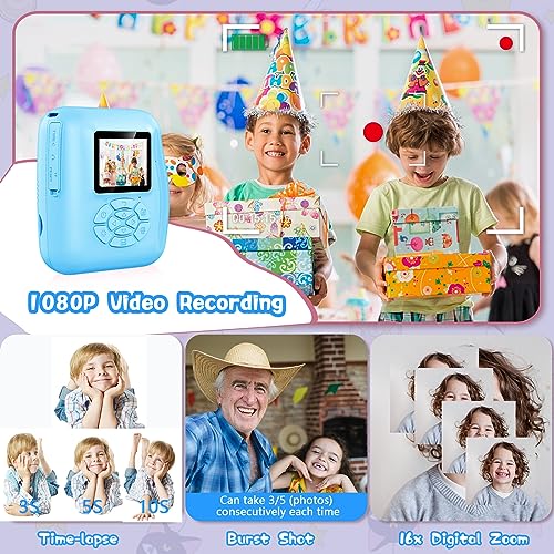 WEOLULI Instant Print Camera for Kids, Digital Camera for Boys Toddler, Christmas Birthday Gifts for Age 3-8 Girls Boys,Toys for Kids with 3 Rolls Print Paper, 6 Color Pens, 32GB Card(Blue)