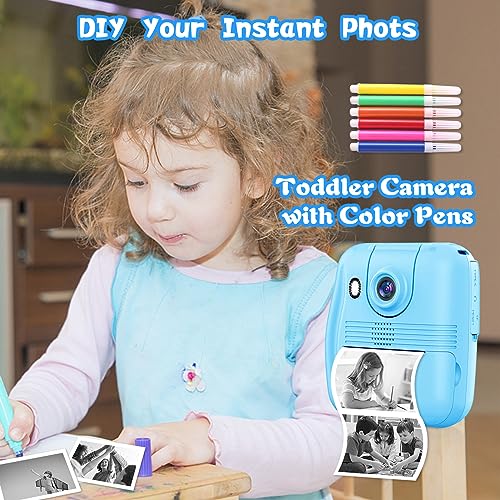 WEOLULI Instant Print Camera for Kids, Digital Camera for Boys Toddler, Christmas Birthday Gifts for Age 3-8 Girls Boys,Toys for Kids with 3 Rolls Print Paper, 6 Color Pens, 32GB Card(Blue)