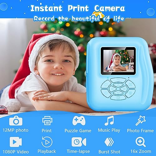WEOLULI Instant Print Camera for Kids, Digital Camera for Boys Toddler, Christmas Birthday Gifts for Age 3-8 Girls Boys,Toys for Kids with 3 Rolls Print Paper, 6 Color Pens, 32GB Card(Blue)