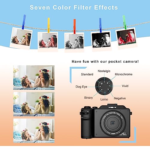 Digital Camera for Photography, 4K Vlog Camera, Dual Cam Front and Rear, Autofocus & Anti-Shake, 7 Color Filters, Face Detect, 3'' IPS Screen, 140°Wide Angle, 18X Zoom, 32G TF Card & Hand Strap AC-04