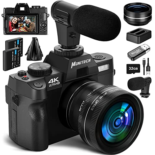 Monitech 4K Digital Camera for Photography, 48MP Vlogging Camera for YouTube and Video,with 180° Flip Screen,16X Digital Zoom,52mm Wide Angle & Macro Lens, 2 Batteries, 32GB TF Card