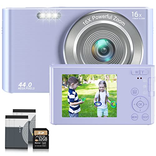 Digital Camera,Kids Camera with 32GB Card 4K 44MP Point and Shoot Camera with 16X Digital Zoom 2.4 Inch,Vlogging Camera for Students Teens Adults Girls Boys-Purple3
