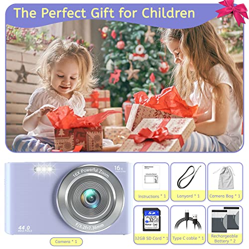 Digital Camera,Kids Camera with 32GB Card 4K 44MP Point and Shoot Camera with 16X Digital Zoom 2.4 Inch,Vlogging Camera for Students Teens Adults Girls Boys-Purple3